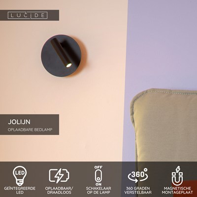 Lucide JOLIJN - Oplaadbare Bedlamp / Wandlamp - Accu/Batterij - Ø 10,2 cm - LED - 1x2W 3000K - Magnetisch - Zwart